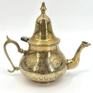 Brass Moroccan Style 6.5” Teapot/Pitcher Floral Engraved Stainless Lined? VTG